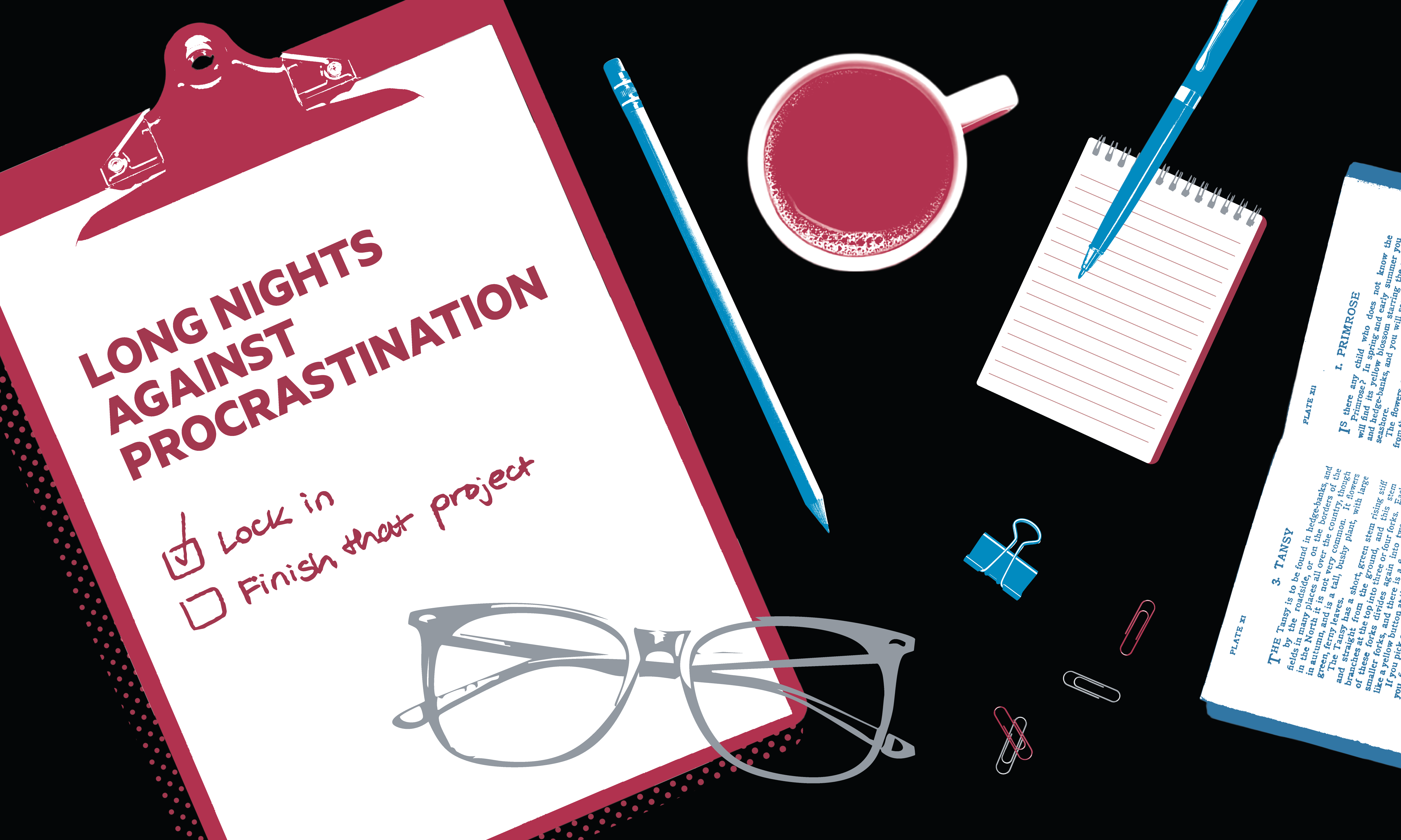 Various office supplies, coffe mug, glasses